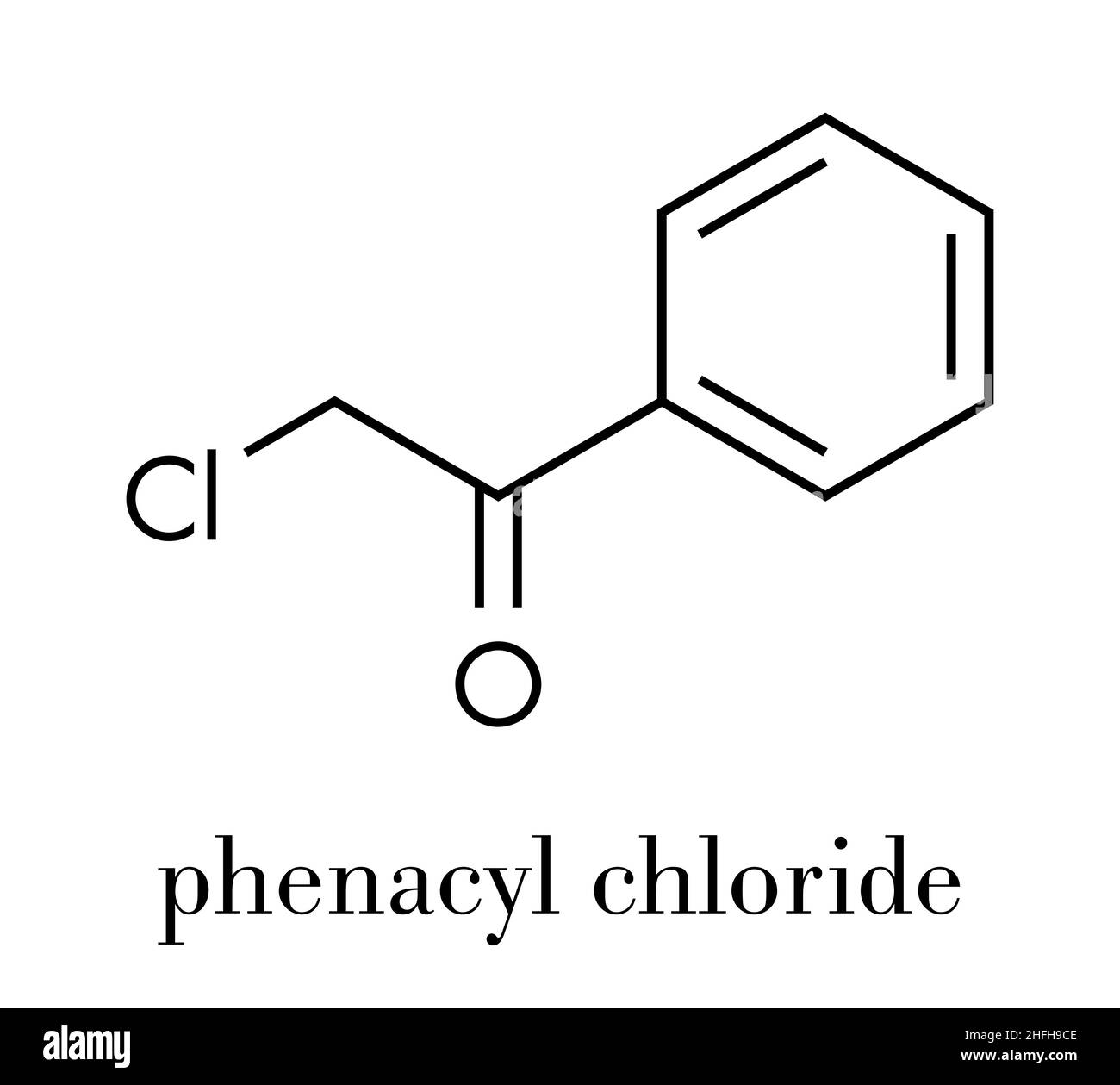 Cloruro di fenacile (CN) gas lacrimogeni molecola. Formula di scheletro. Illustrazione Vettoriale