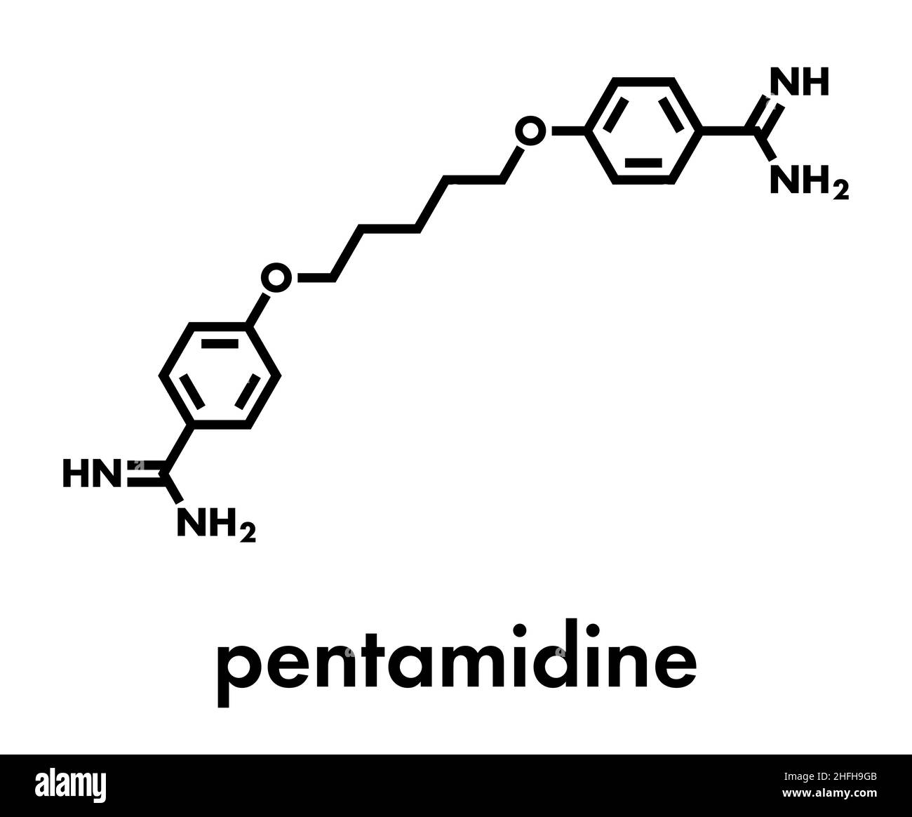 La pentamidina farmaco antimicrobico molecola. Utilizzato nel trattamento della polmonite da Pneumocystis e tripanosomiasi. Formula di scheletro. Illustrazione Vettoriale