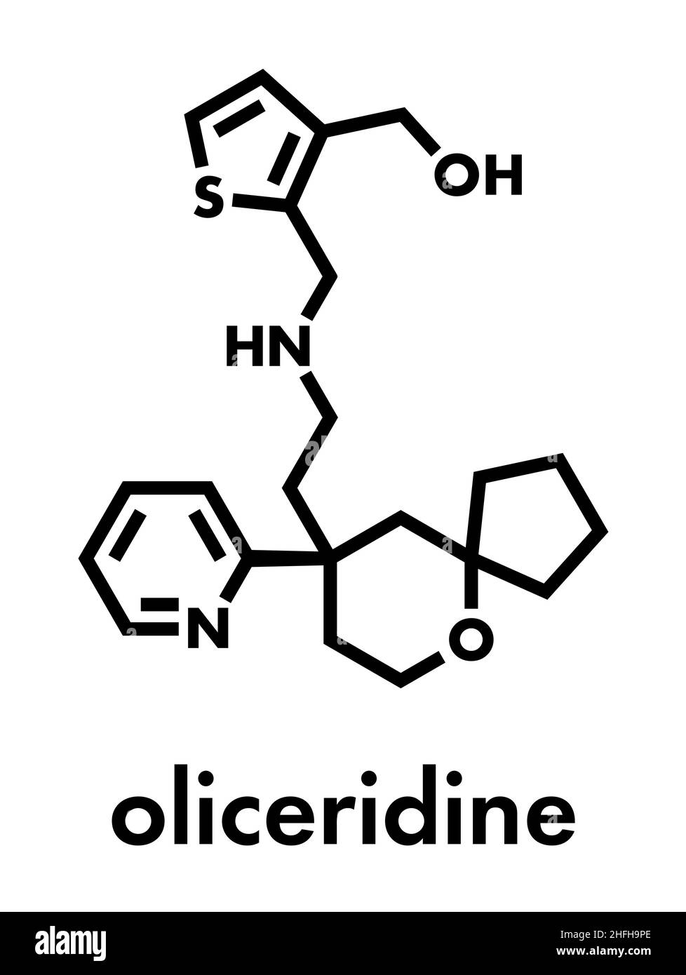 Oliceridine dolore oppioidi molecola di farmaco. Formula di scheletro. Illustrazione Vettoriale