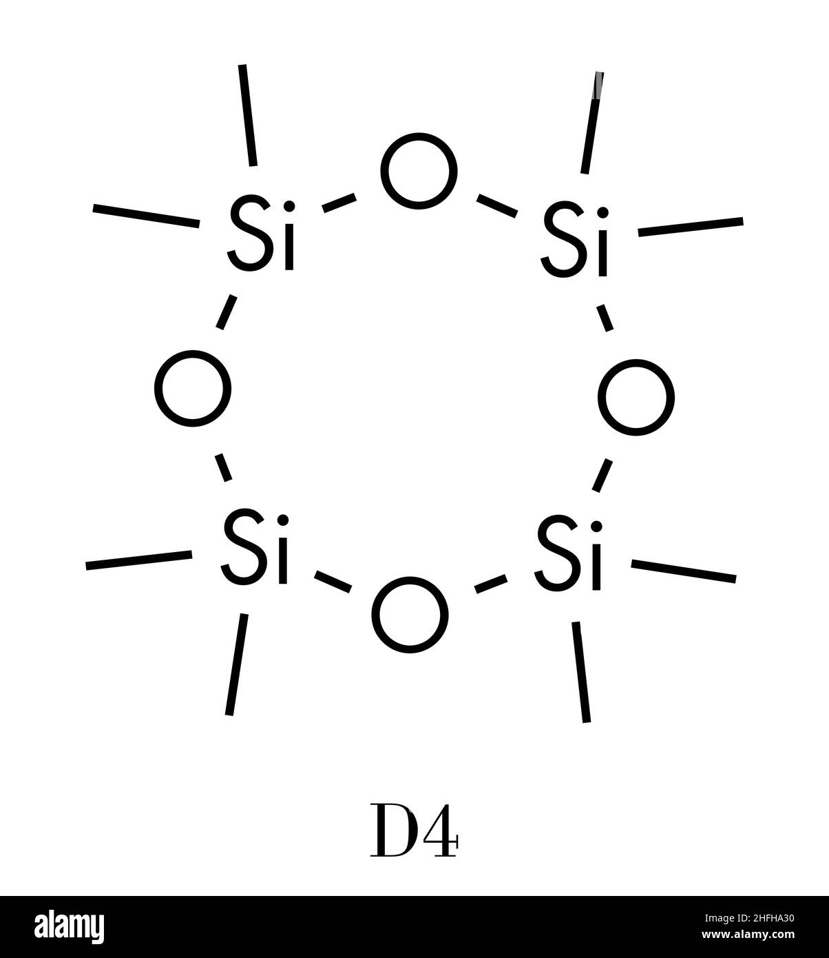 Ottametilciclotetrasilossano (D4) di silicone molecola. Formula di scheletro. Illustrazione Vettoriale