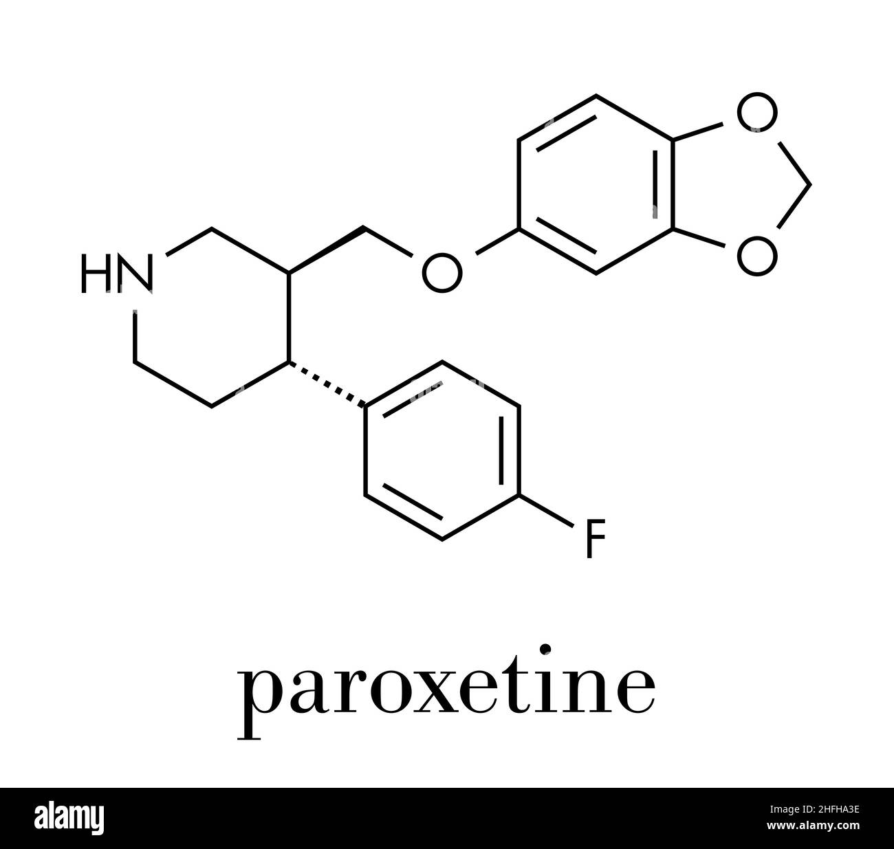 La paroxetina farmaco antidepressivo (SSRI classe molecola). Formula di scheletro. Illustrazione Vettoriale