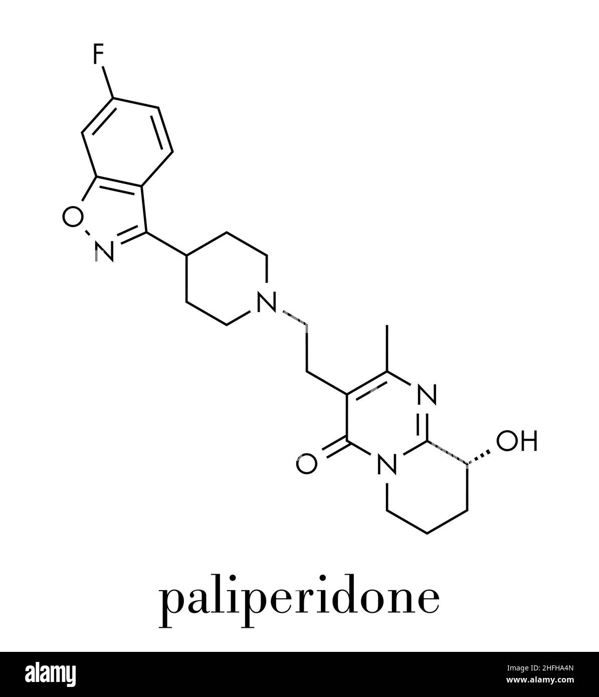 Molecola di farmaco antipsicotico di Paliperidone (9-idrossirisperidone). Formula scheletrica. Illustrazione Vettoriale