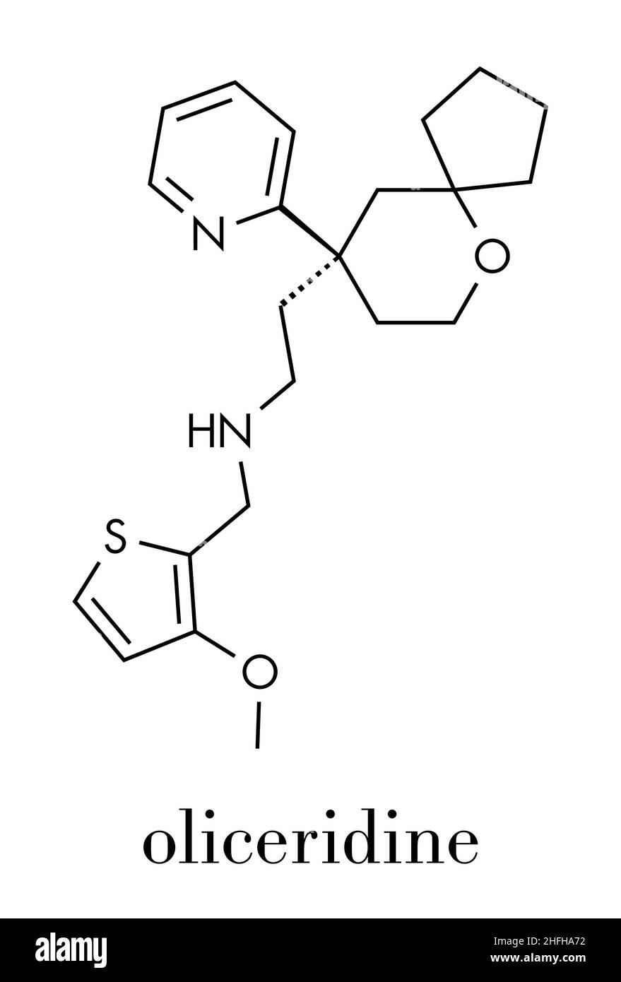 Oliceridine dolore oppioidi molecola di farmaco. Formula di scheletro. Illustrazione Vettoriale