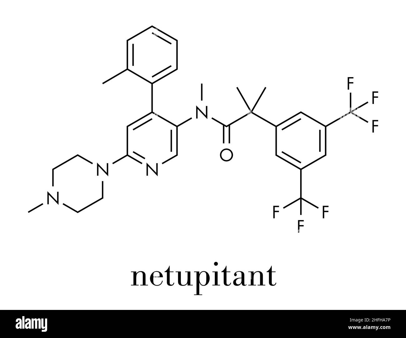 Netupitant molecola di farmaco. Recettore NK1 antagonista, utilizzati in combinazione per la prevenzione della nausea e del vomito indotti da chemioterapia. Per scheletrico Illustrazione Vettoriale