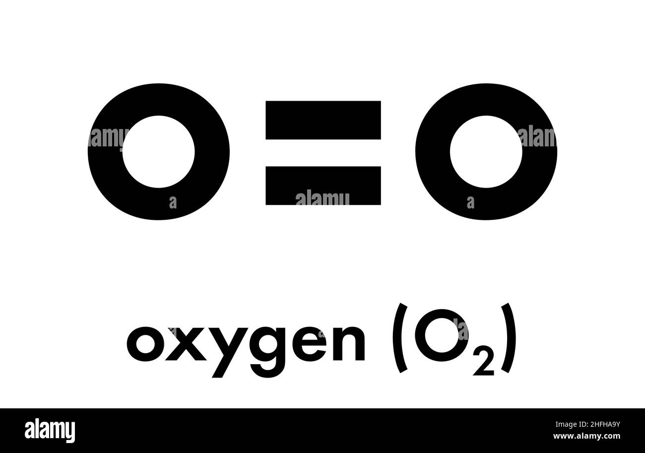 Molecola di ossigeno elementare (O2). Formula scheletrica. Illustrazione Vettoriale
