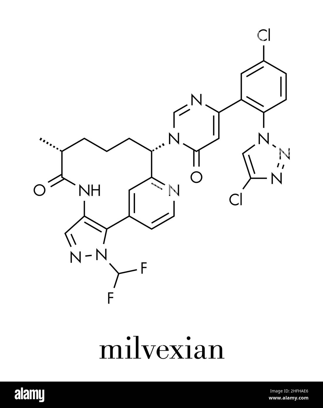 Molecola di farmaco anticoagulante Milvexian. Formula scheletrica. Illustrazione Vettoriale