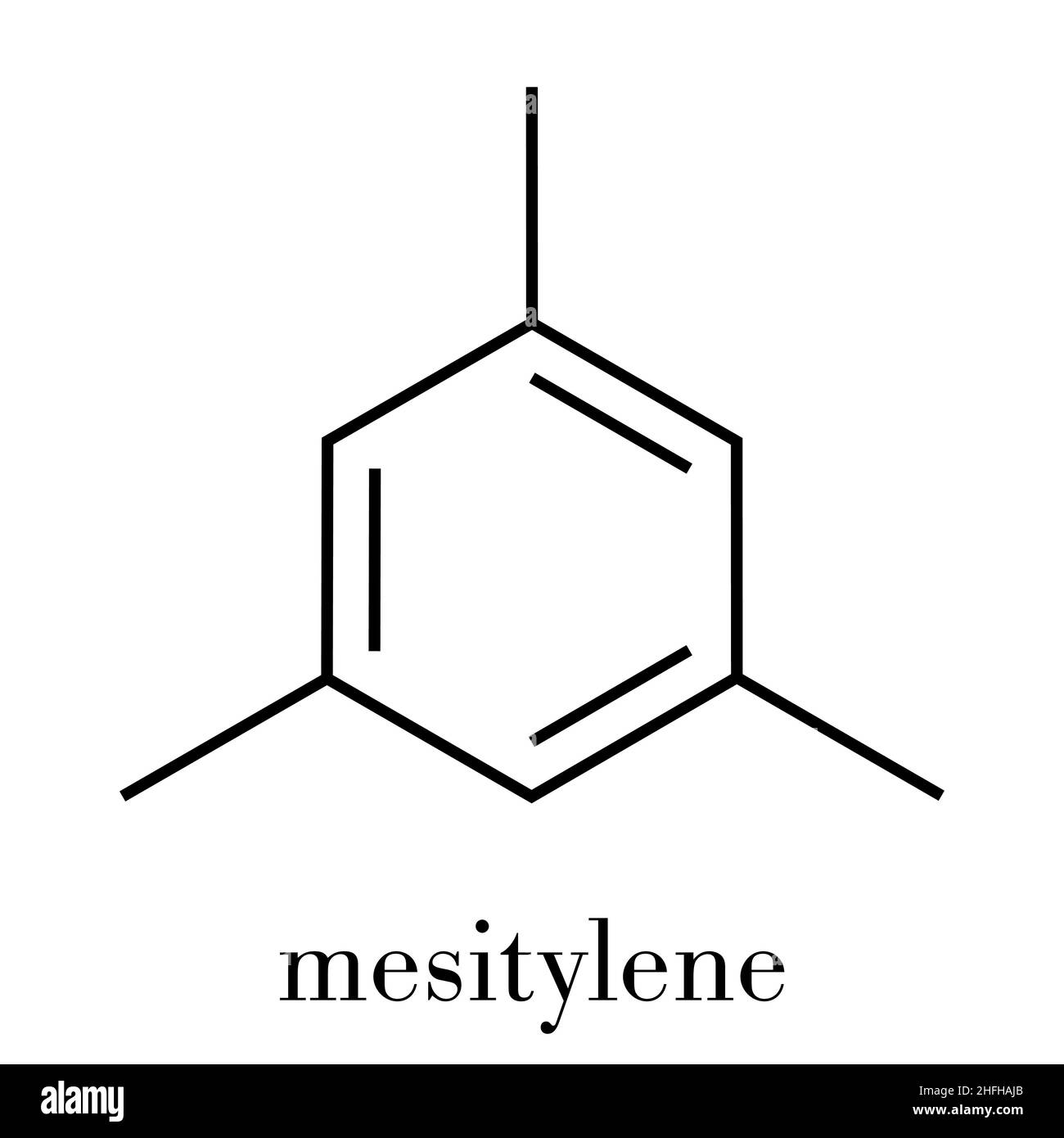 Il mesitilene idrocarburo aromatico molecola. Solvente importante nell industria chimica e un composto organico volatile (VOC) inquinante per l'ambiente. Ske Illustrazione Vettoriale