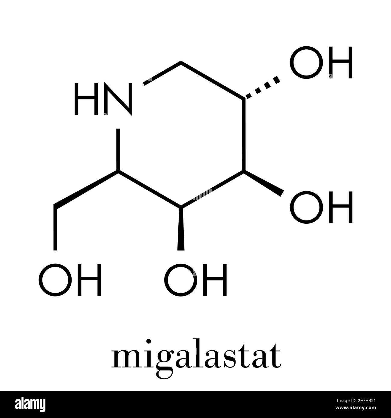 Migalastat malattia di Fabry molecola di farmaco. Formula di scheletro. Illustrazione Vettoriale