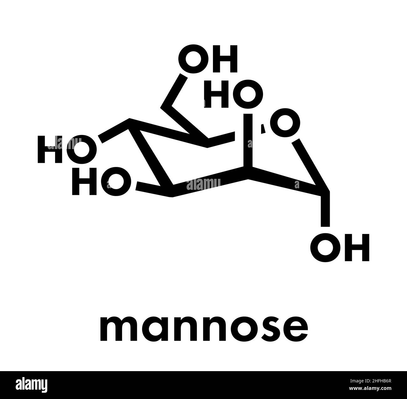 Molecola di zucchero di mannosio (D-mannosio). Epimero di glucosio. Formula scheletrica. Illustrazione Vettoriale