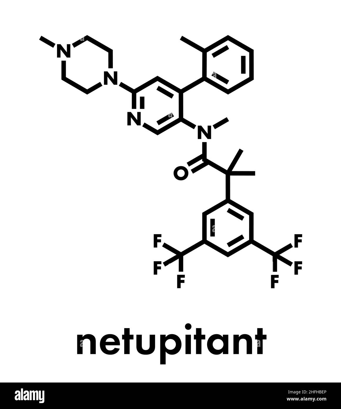 Netupitant molecola di farmaco. Recettore NK1 antagonista, utilizzati in combinazione per la prevenzione della nausea e del vomito indotti da chemioterapia. Per scheletrico Illustrazione Vettoriale