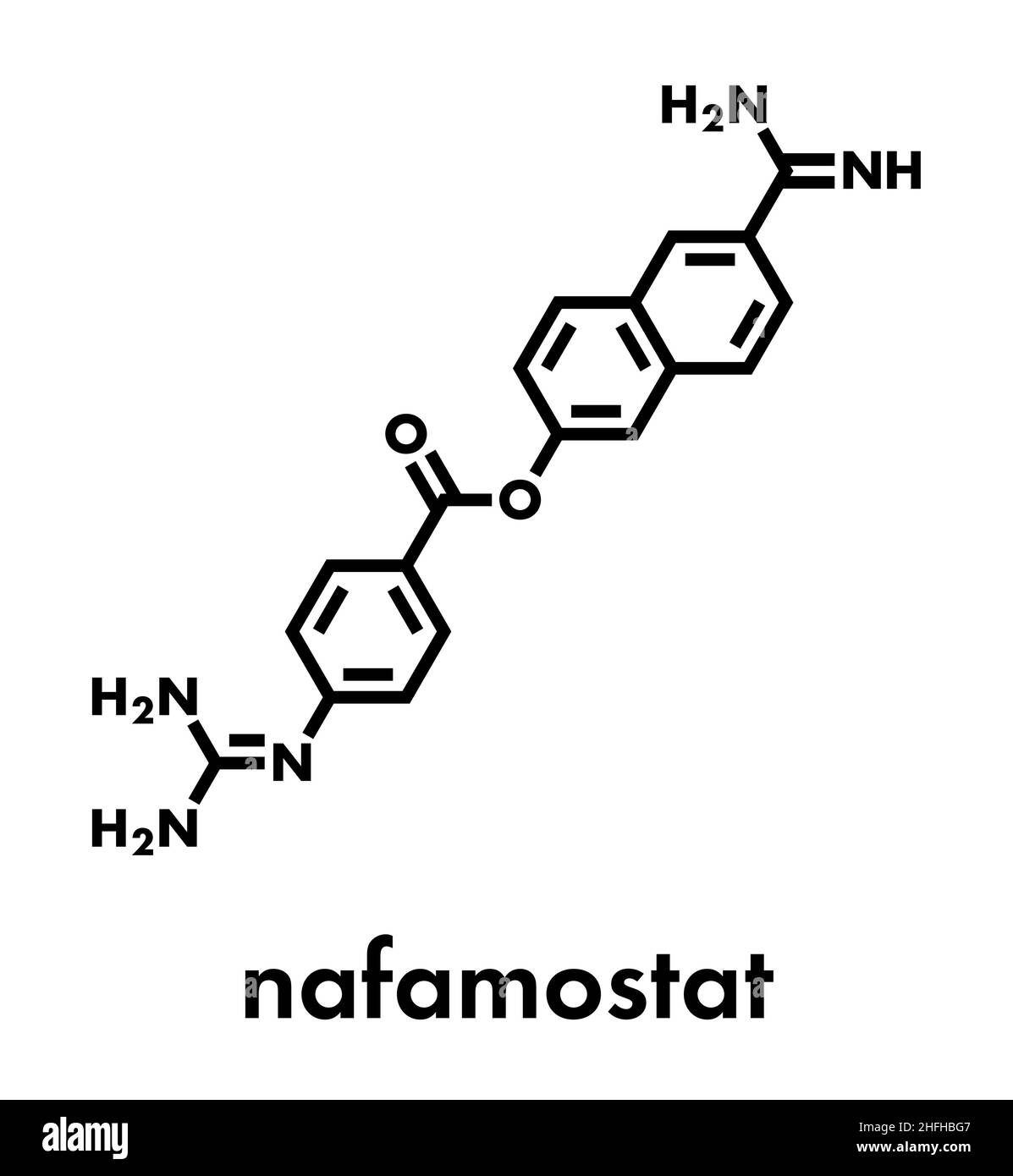 Molecola di farmaco di Nafamostat (inibitore della serina proteasi). Formula scheletrica. Illustrazione Vettoriale