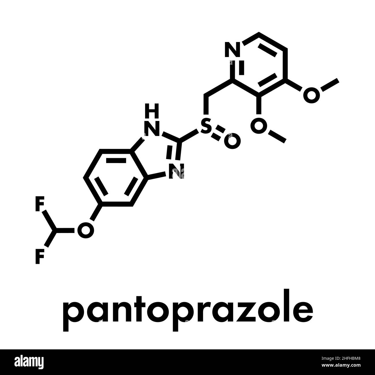 Pantoprazolo molecola di farmaco per ulcera gastrica (inibitore della pompa protonica). Formula scheletrica. Illustrazione Vettoriale