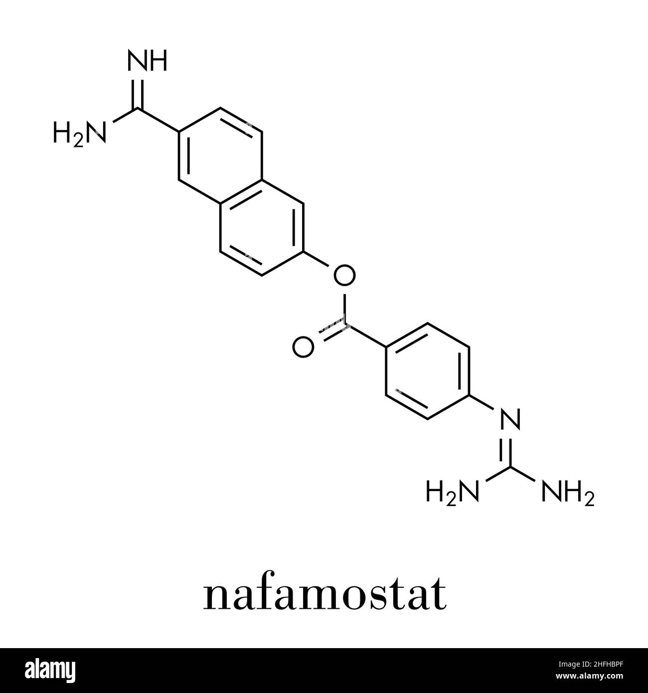 Molecola di farmaco di Nafamostat (inibitore della serina proteasi). Formula scheletrica. Illustrazione Vettoriale