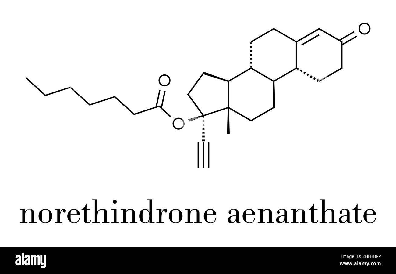 Noretisterone enantato (noretindrone aenanthate) contraccettivi iniettabili molecola di farmaco. Formula di scheletro. Illustrazione Vettoriale
