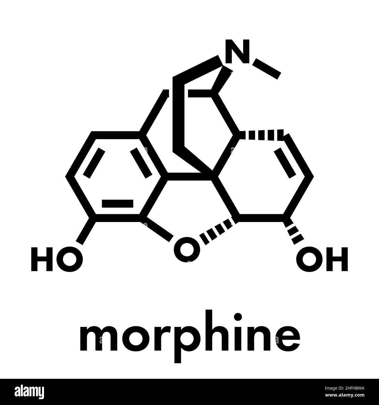 La morfina dolore molecola di farmaco. Altamente coinvolgente. Isolato dal papavero (Papaver somniferum). Formula di scheletro. Illustrazione Vettoriale