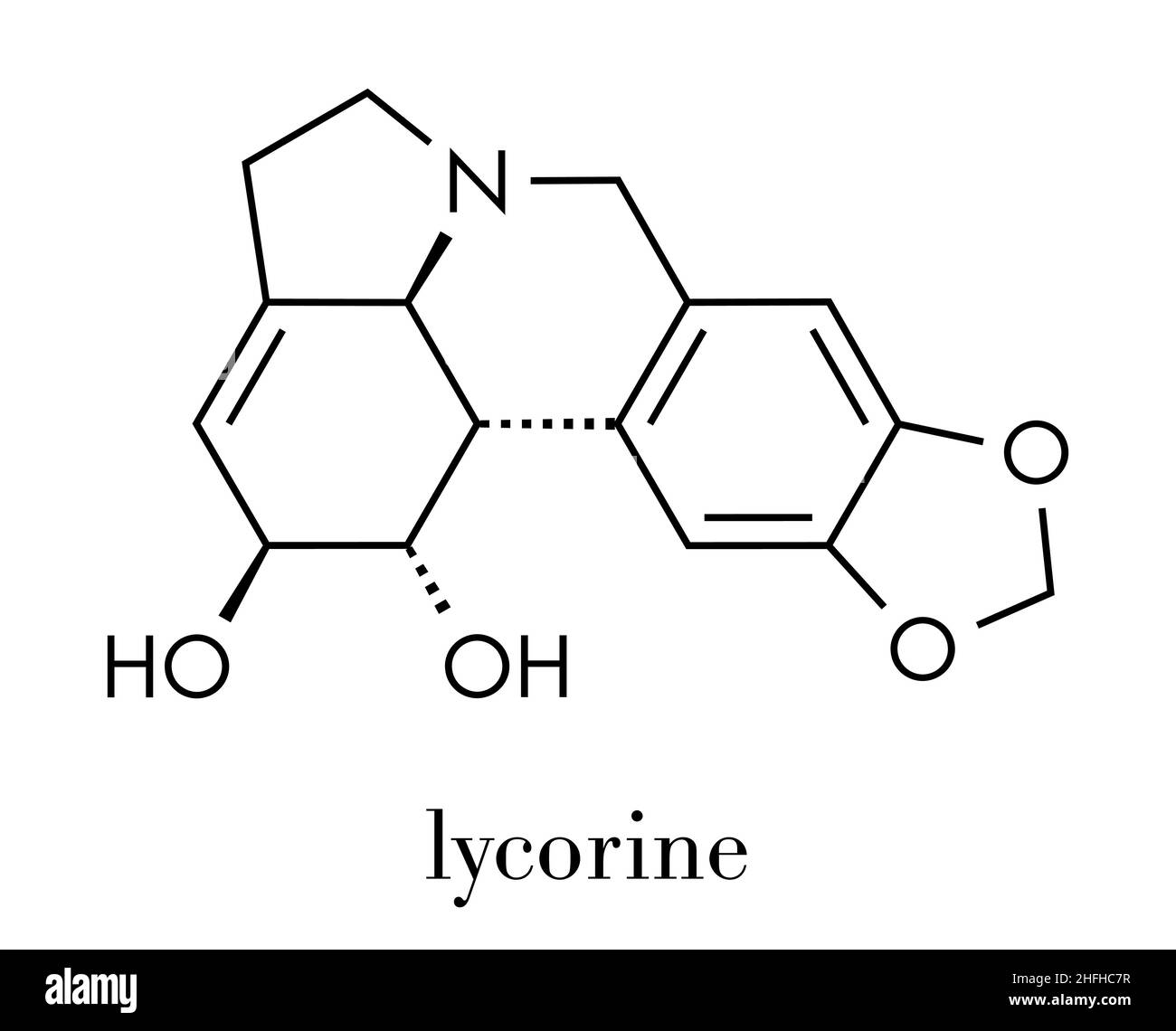 Alcaloide Lycorine molecola. Trovato in Amaryllidaceae piante tra cui gigli e narcisi. Formula di scheletro. Illustrazione Vettoriale