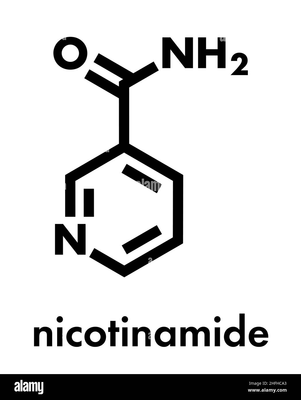 Nicotinammide farmaco e vitamina molecola. Formula di scheletro. Illustrazione Vettoriale