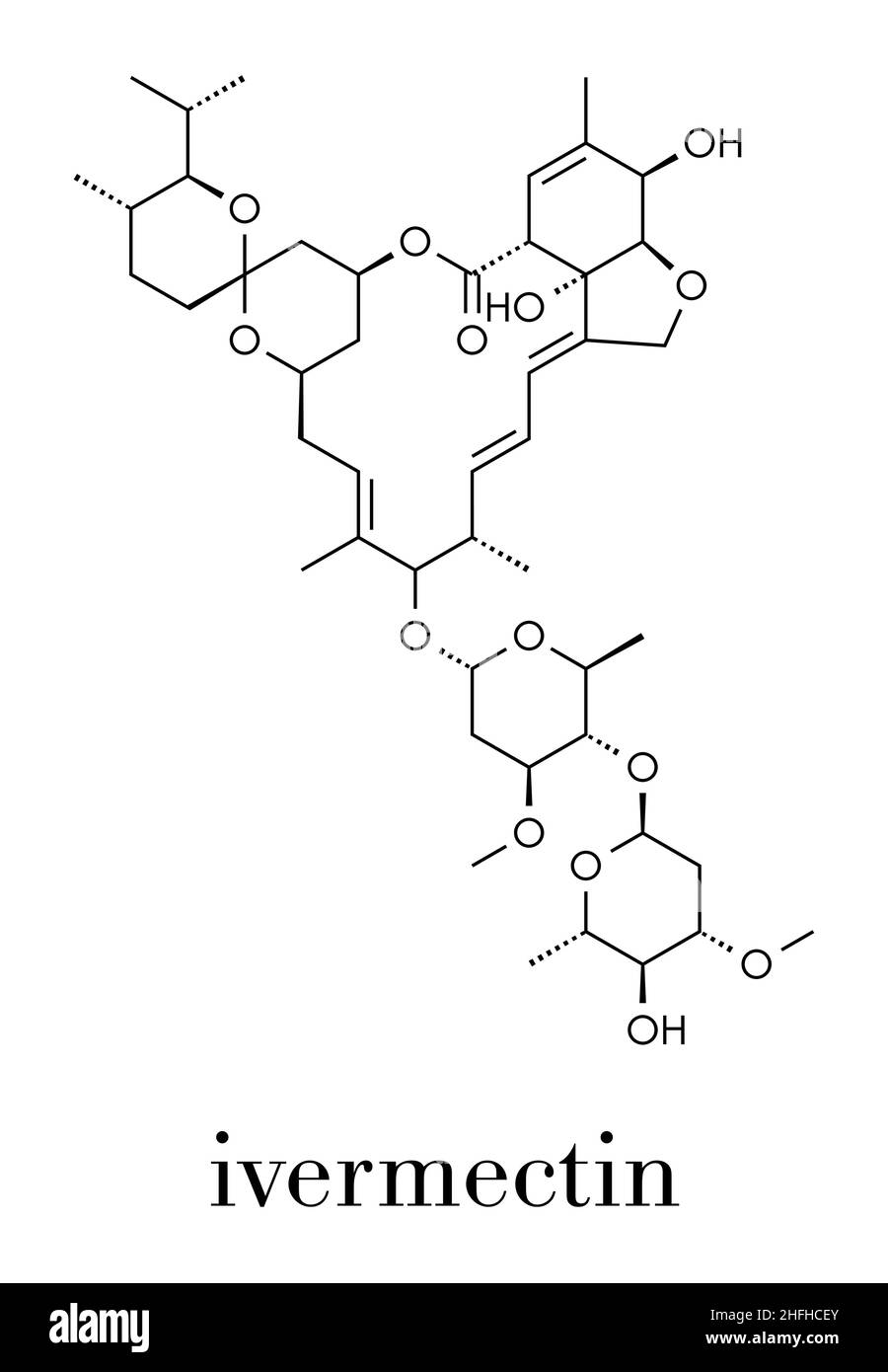 Ivermectin antiparassitaria molecola di farmaco. Utilizzato nel trattamento di cecità da fiume, scabbia pidocchi della testa, ecc. Formula di scheletro. Illustrazione Vettoriale