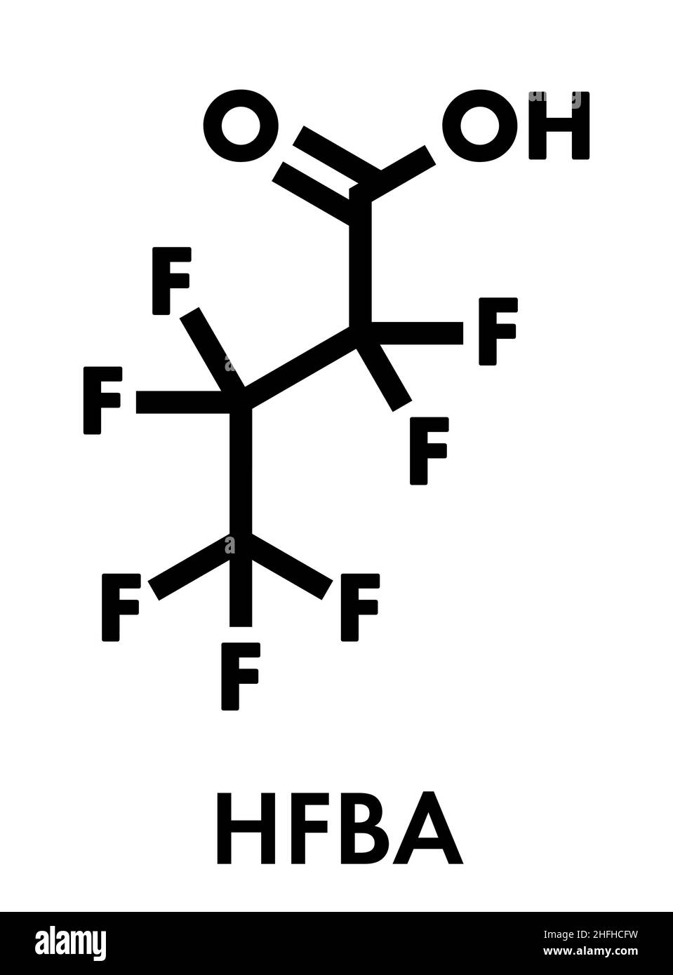 Molecola di acido perfluorobutanoico. Anche ora come acido eptafluorobutirrico (HFBA). Formula scheletrica. Illustrazione Vettoriale