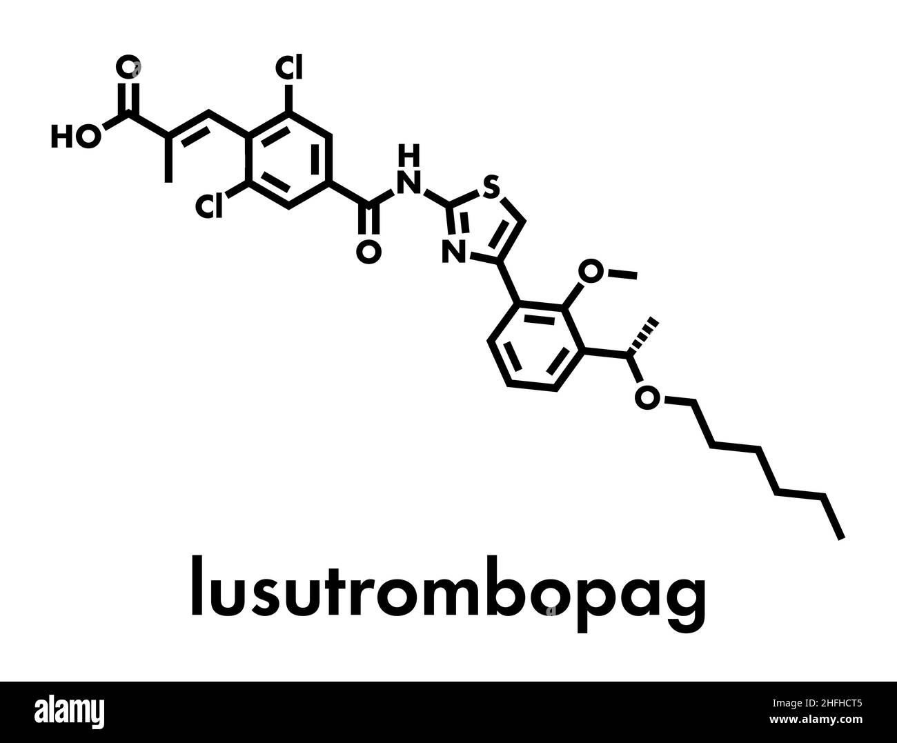 Lusutrombopag molecola di farmaco (trombopoietina agonista del recettore). Formula di scheletro. Illustrazione Vettoriale