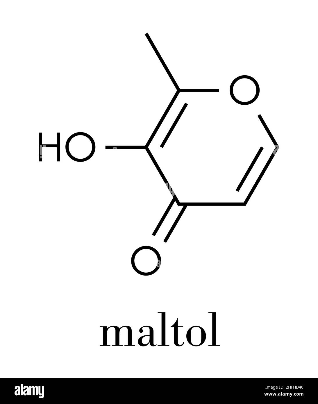 Maltolo additivo alimentare molecola (E636). Formula di scheletro. Illustrazione Vettoriale