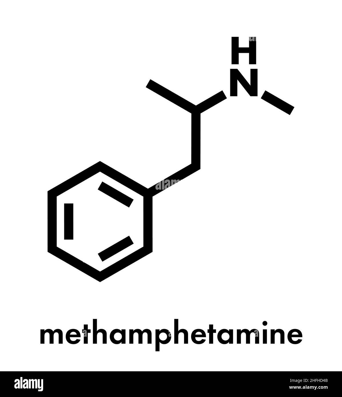 Metanfetamine (crystal met, methamfetamine) droga stimolante molecola. Formula di scheletro. Illustrazione Vettoriale