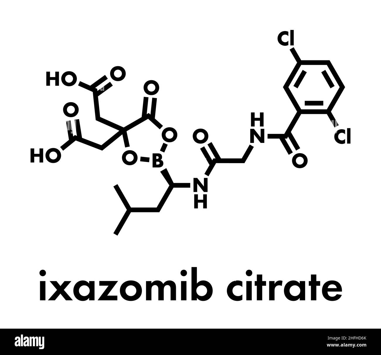 Ixazomib citrato molecola di farmaco mieloma multiplo (inibitore del proteasoma). Formula scheletrica. Illustrazione Vettoriale