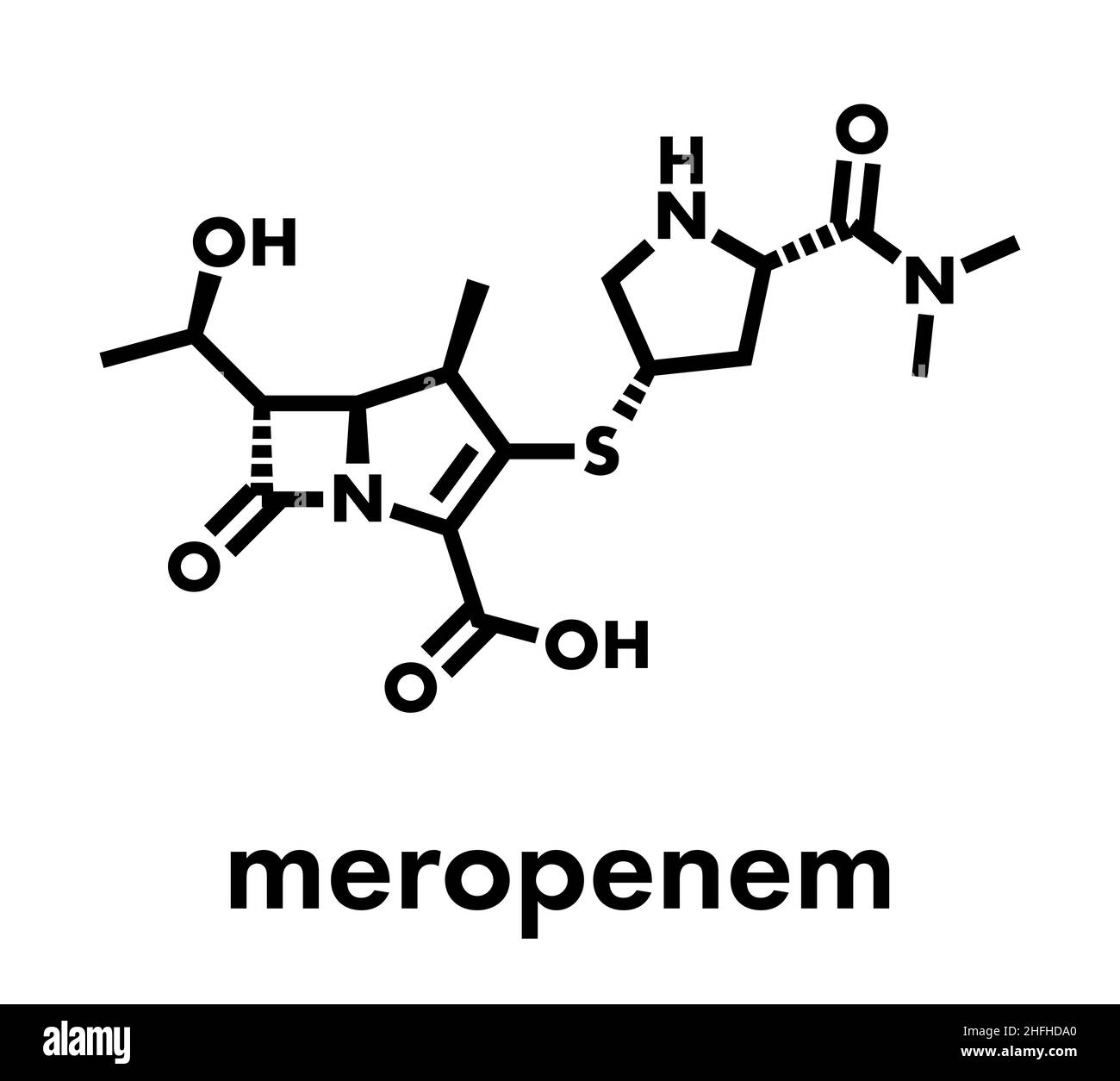 Molecola di farmaco antibiotico ad ampio spettro Meropenem (classe carbapenem). Formula scheletrica. Illustrazione Vettoriale
