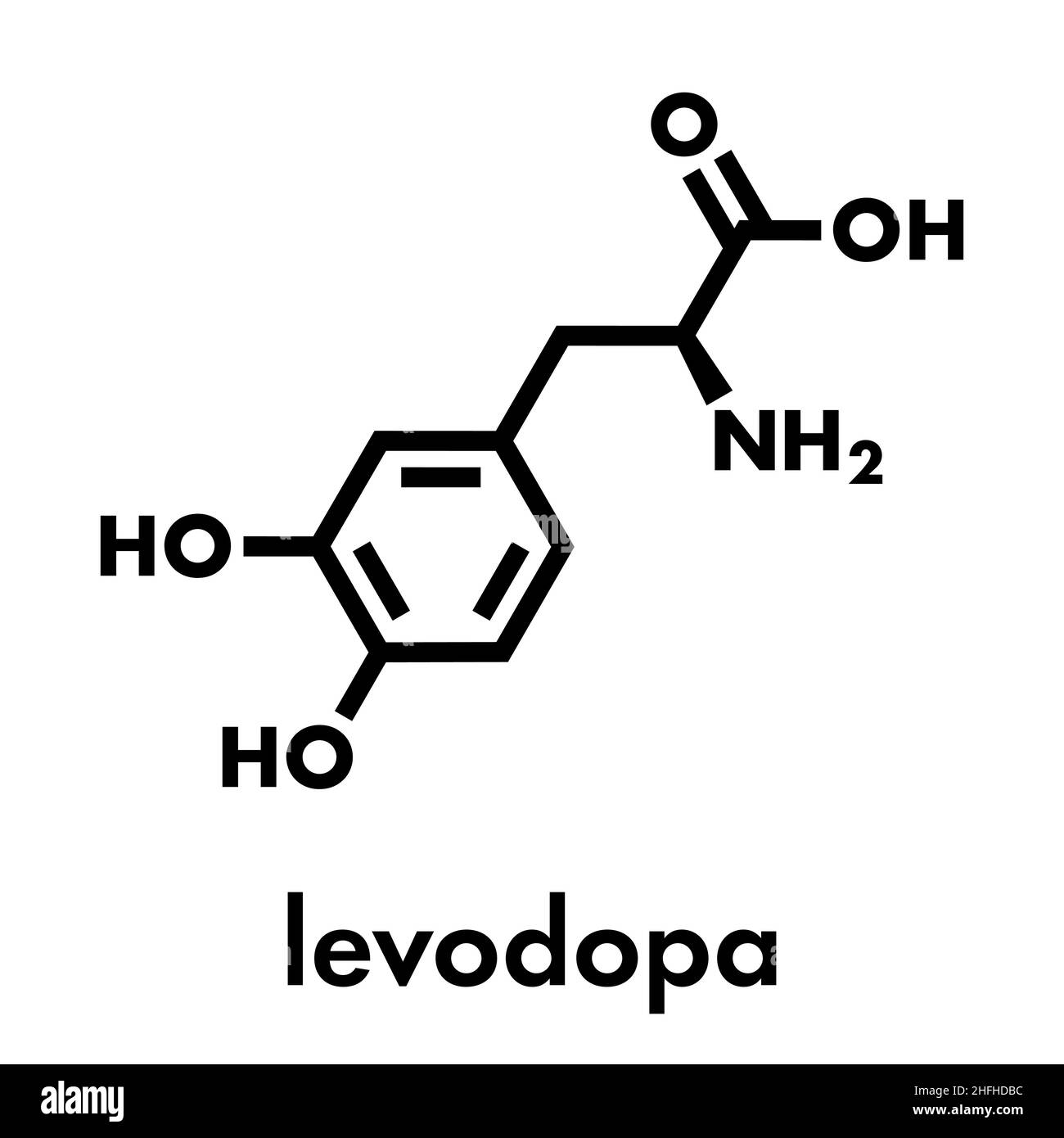 L-DOPA (levodopa) molecola di farmaco del morbo di Parkinson. Formula scheletrica. Illustrazione Vettoriale