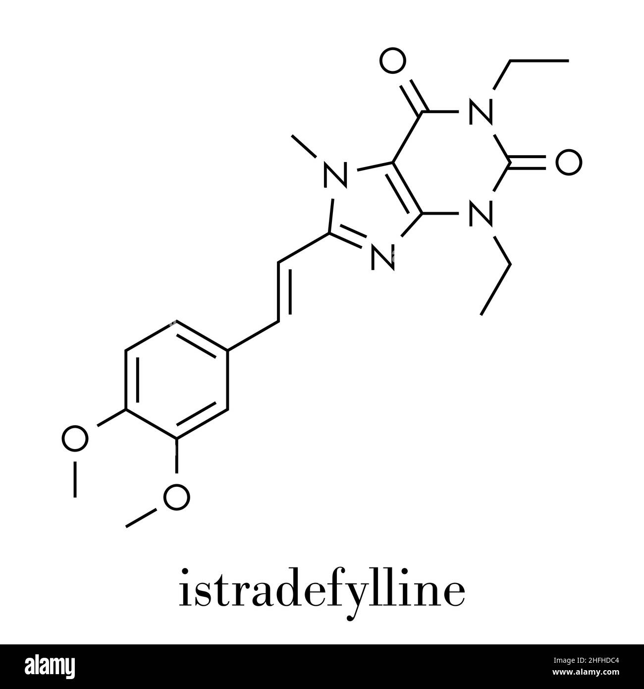 Istradefylline morbo di Parkinson molecola di farmaco. Formula di scheletro. Illustrazione Vettoriale