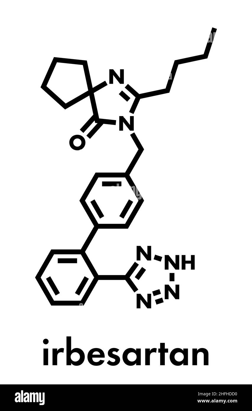 Molecola di farmaco di irbesartan. Formula scheletrica. Illustrazione Vettoriale