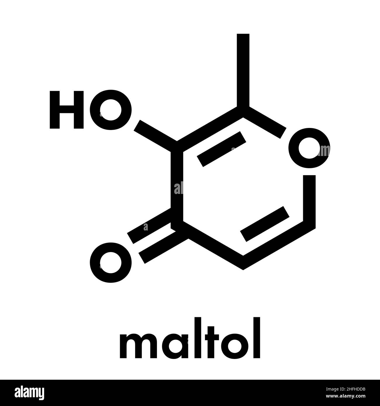 Maltolo additivo alimentare molecola (E636). Formula di scheletro. Illustrazione Vettoriale