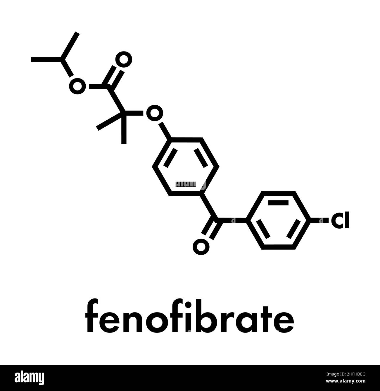 Fenofibrate Colesterolo farmaco (fibrato classe molecola). Formula di scheletro. Illustrazione Vettoriale