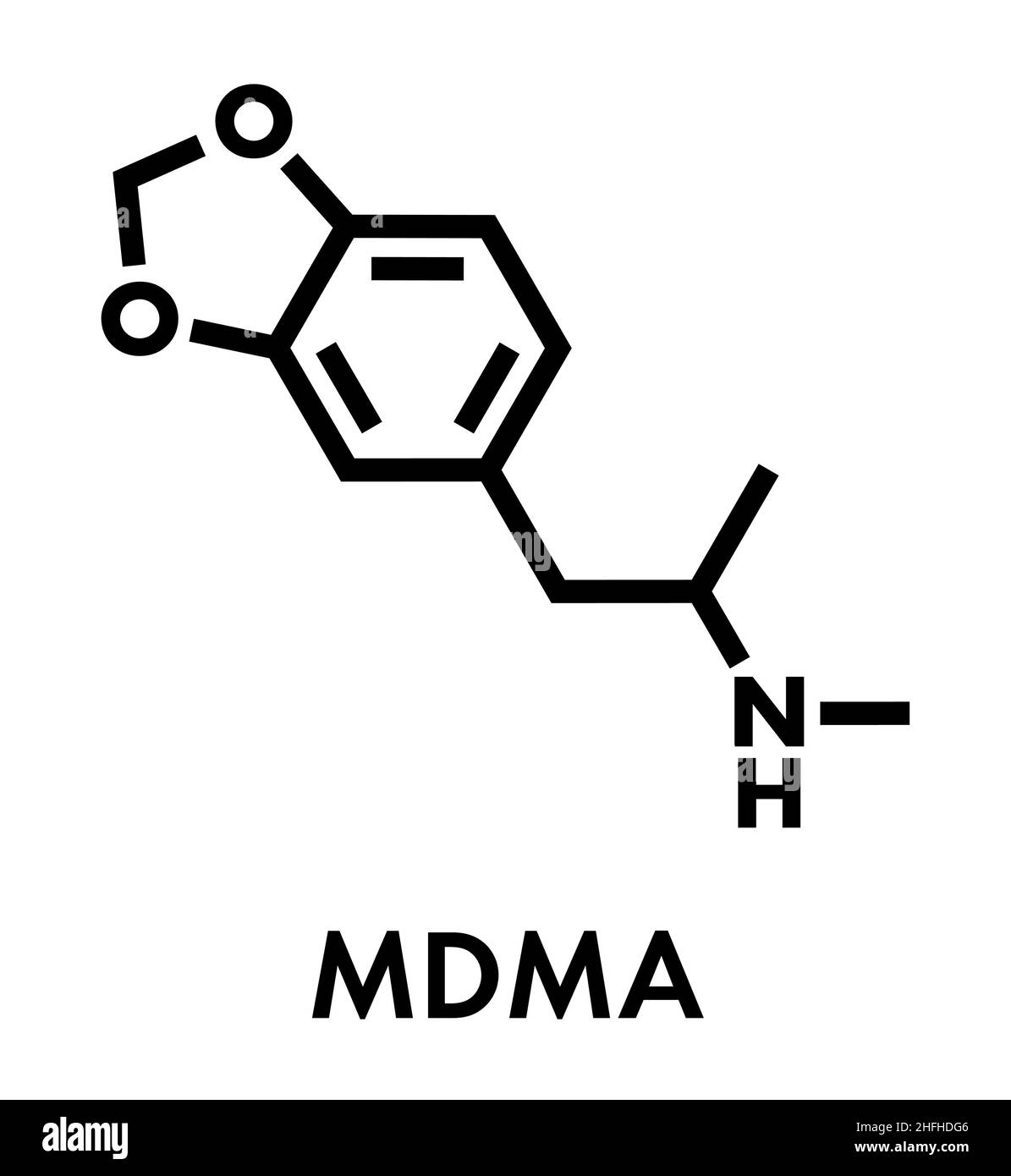 MDMA (XTC, e ecstasy) partito molecola di farmaco. Completa il nome chimico è 3,4-methylenedioxymethamphetamine. Formula di scheletro. Illustrazione Vettoriale