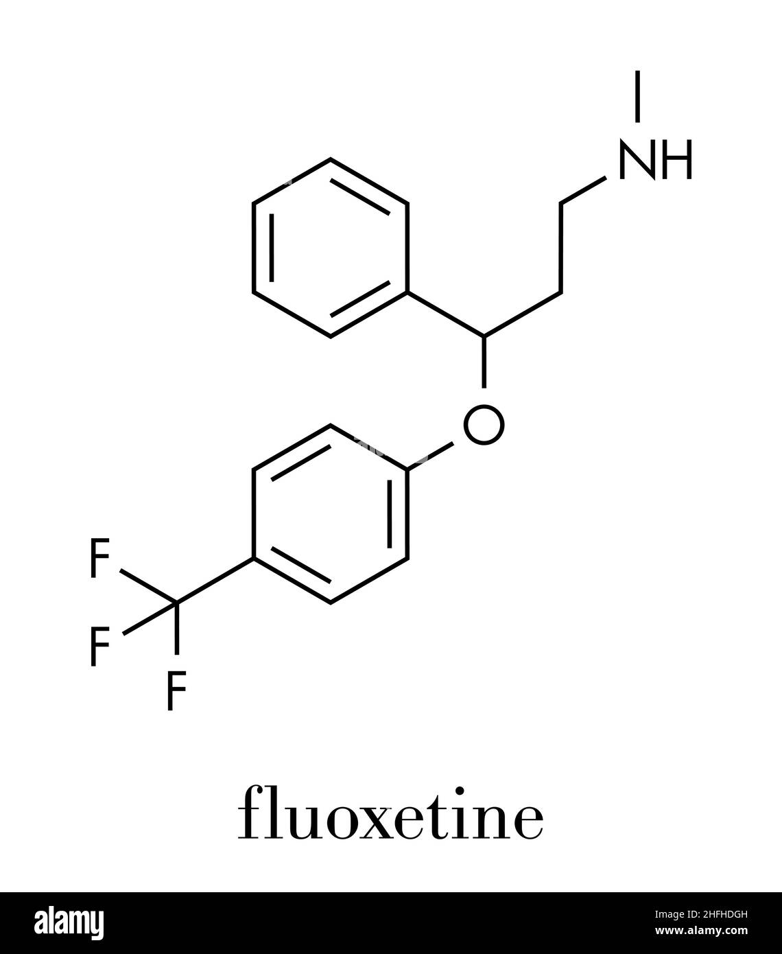 La fluoxetina farmaco antidepressivo (SSRI classe molecola). Formula di scheletro. Illustrazione Vettoriale