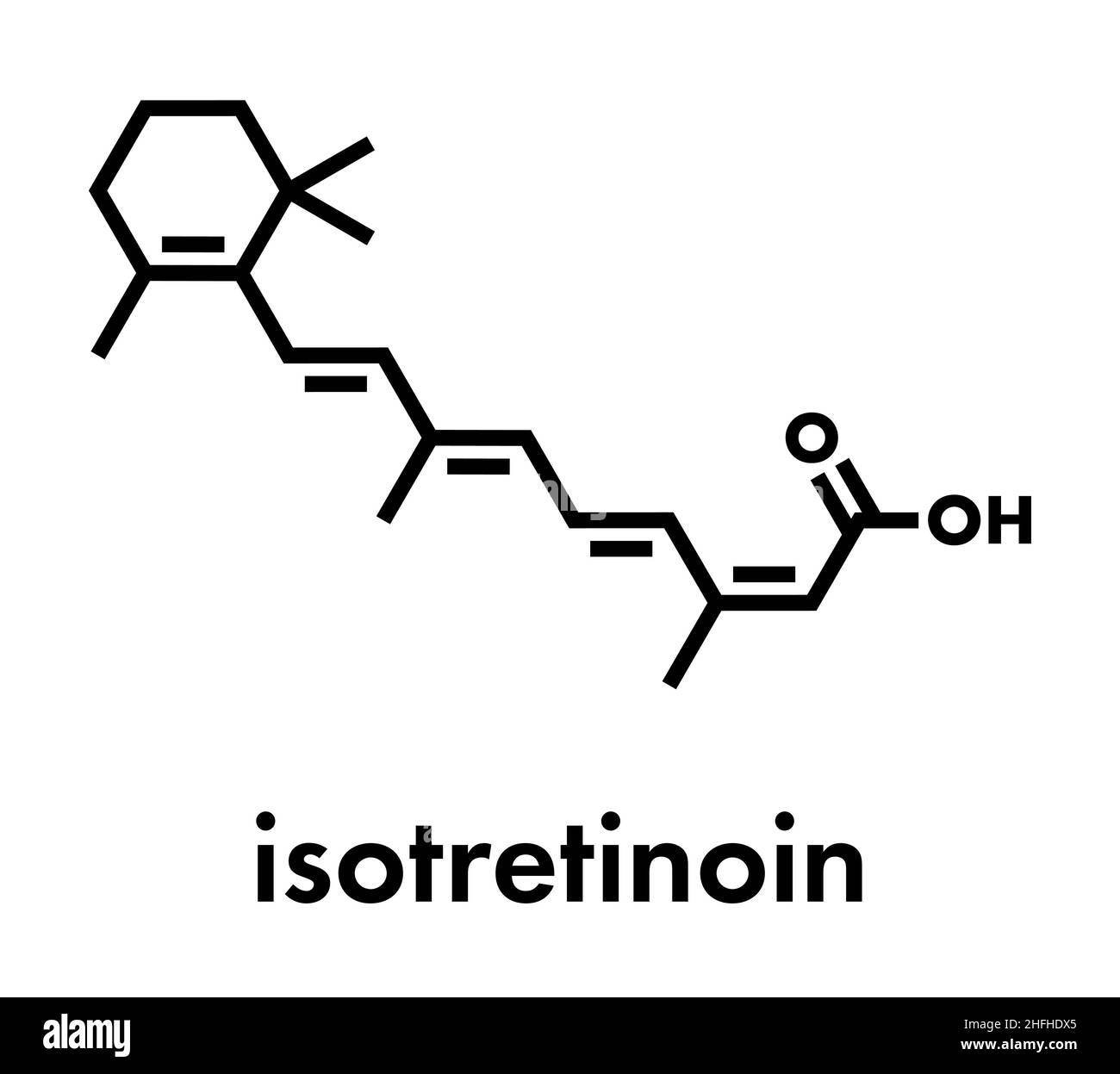 Isotretinoin acne trattamento molecola di farmaco. Noto per essere teratogeno (provoca difetti di nascita). Formula di scheletro. Illustrazione Vettoriale