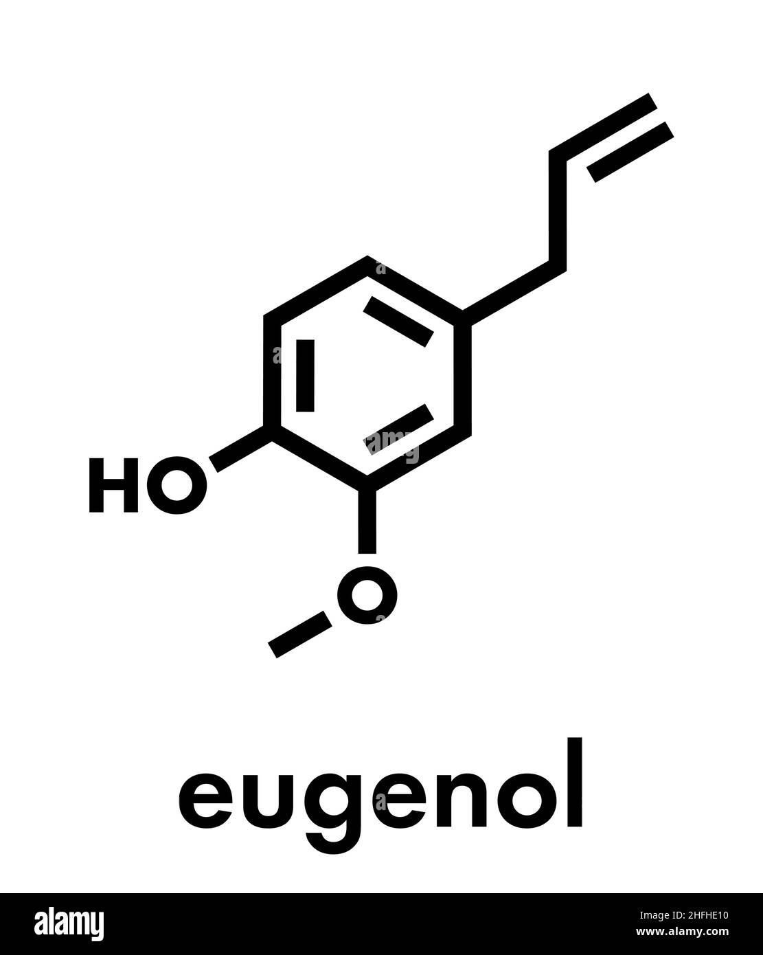 Eugenolo di olio essenziale erboso molecola. Presente in chiodi di garofano, noce moscata, ecc. Formula di scheletro. Illustrazione Vettoriale