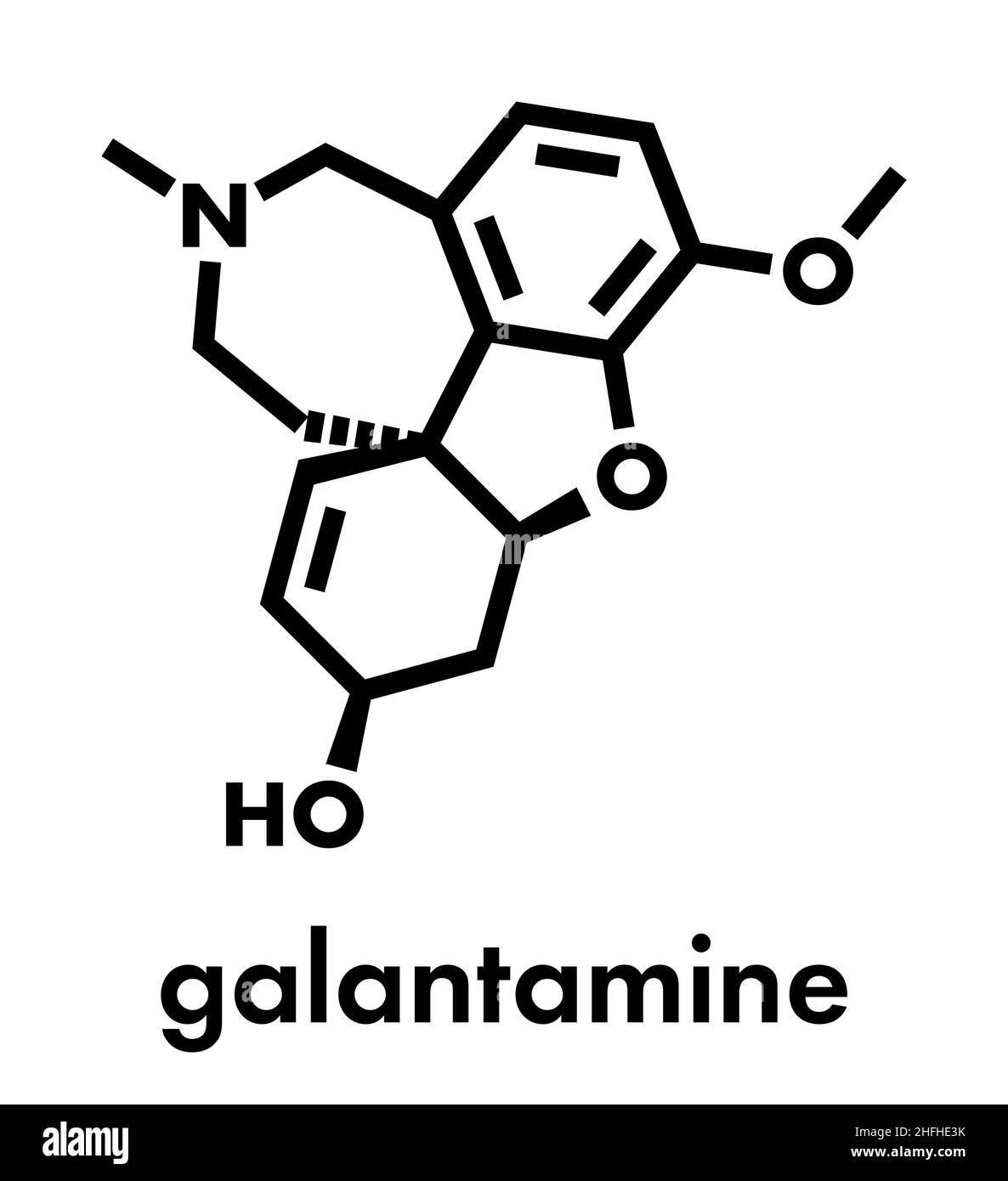 La galantamina alcaloide molecola. Trovato in Caucasian snowdrop, usato nel trattamento del morbo di Alzheimer. Formula di scheletro. Illustrazione Vettoriale