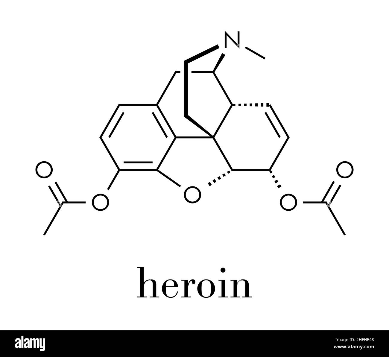 Eroina (diacetylmorphine, morfina, diacetato di diamorfina) oppioide molecola di farmaco. Formula di scheletro. Illustrazione Vettoriale