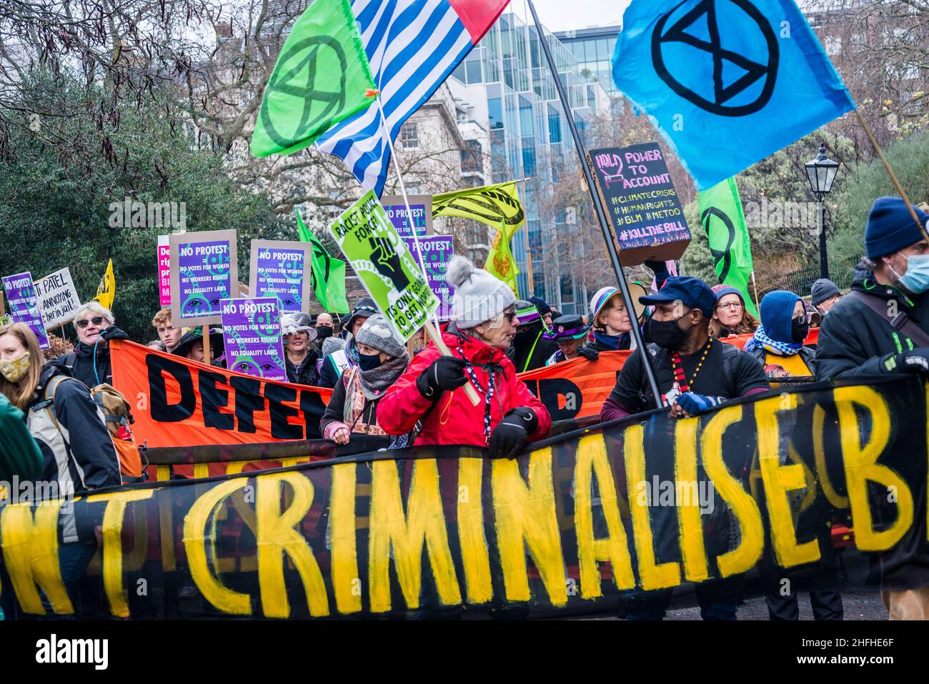 Manifestazione "uccidere il Bill” nel centro di Londra prima di un voto alla Camera dei Lord. Il disegno di legge sulla polizia, il crimine, le condanne e i tribunali minaccia il diritto di protestare. Londra, Inghilterra, Regno Unito 15.01.2022 Foto Stock