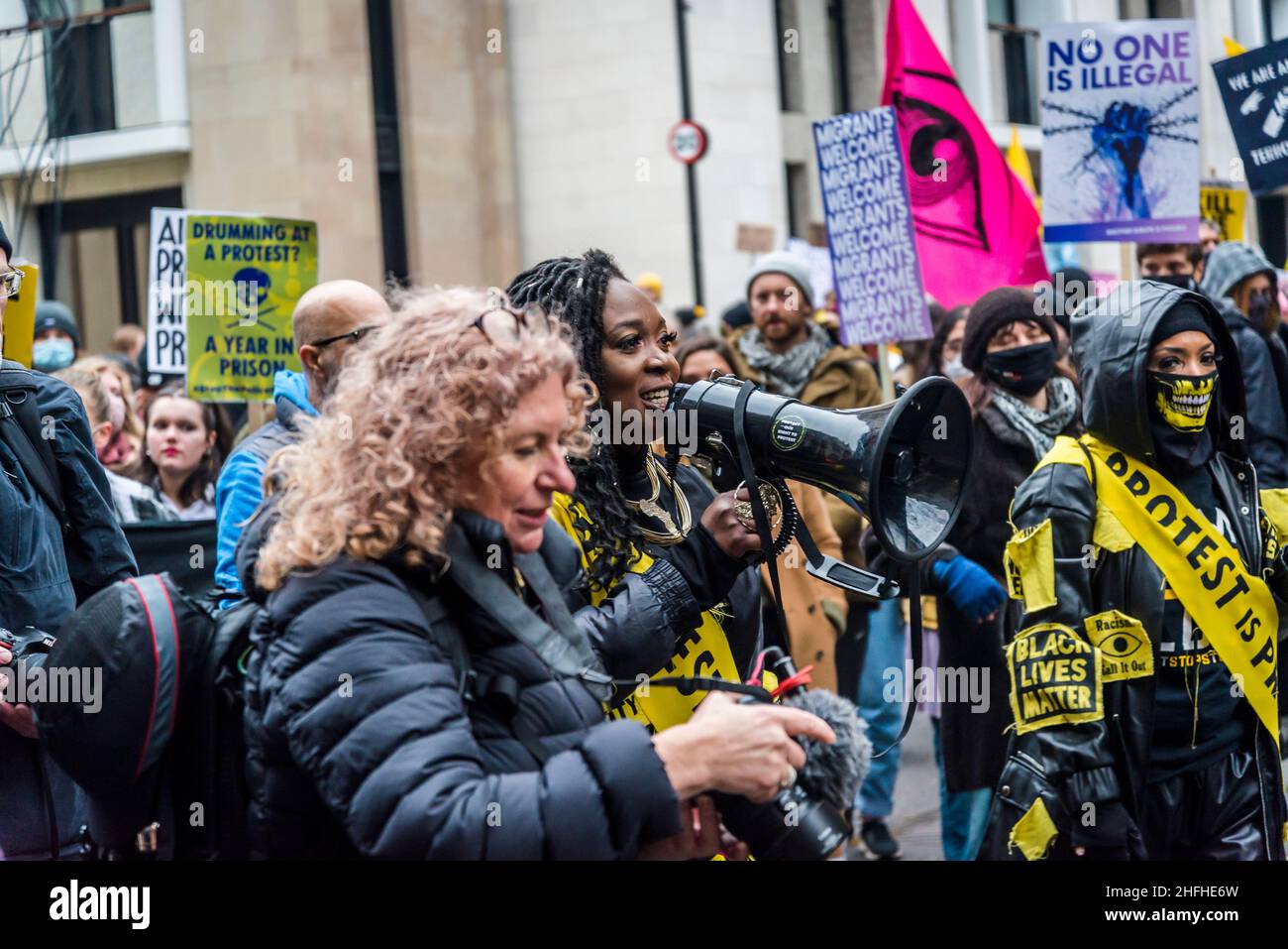 Manifestazione "uccidere il Bill” nel centro di Londra prima di un voto alla Camera dei Lord. Il disegno di legge sulla polizia, il crimine, le condanne e i tribunali minaccia il diritto di protestare. Londra, Inghilterra, Regno Unito 15.01.2022 Foto Stock