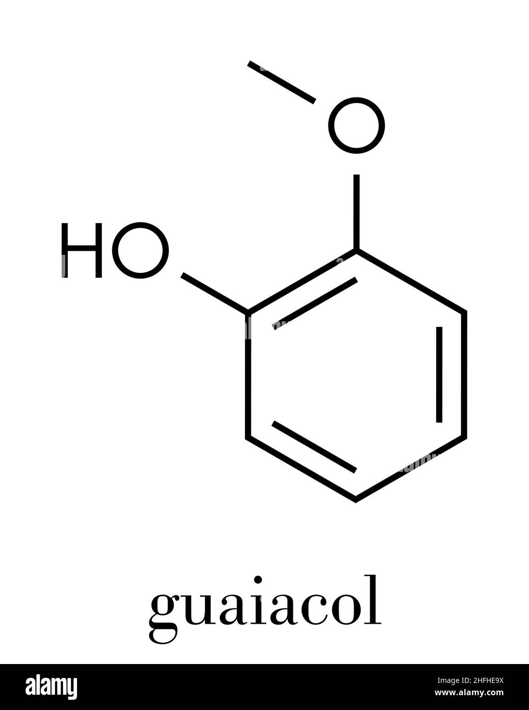 Il guaiacolo molecola aromatica. Responsabile per il gusto affumicato di cibi affumicati. Formula di scheletro. Illustrazione Vettoriale Il guaiacolo molecola aromatica. Responsabile per il gusto affumicato di cibi affumicati. Formula di scheletro. Illustrazione Vettoriale
