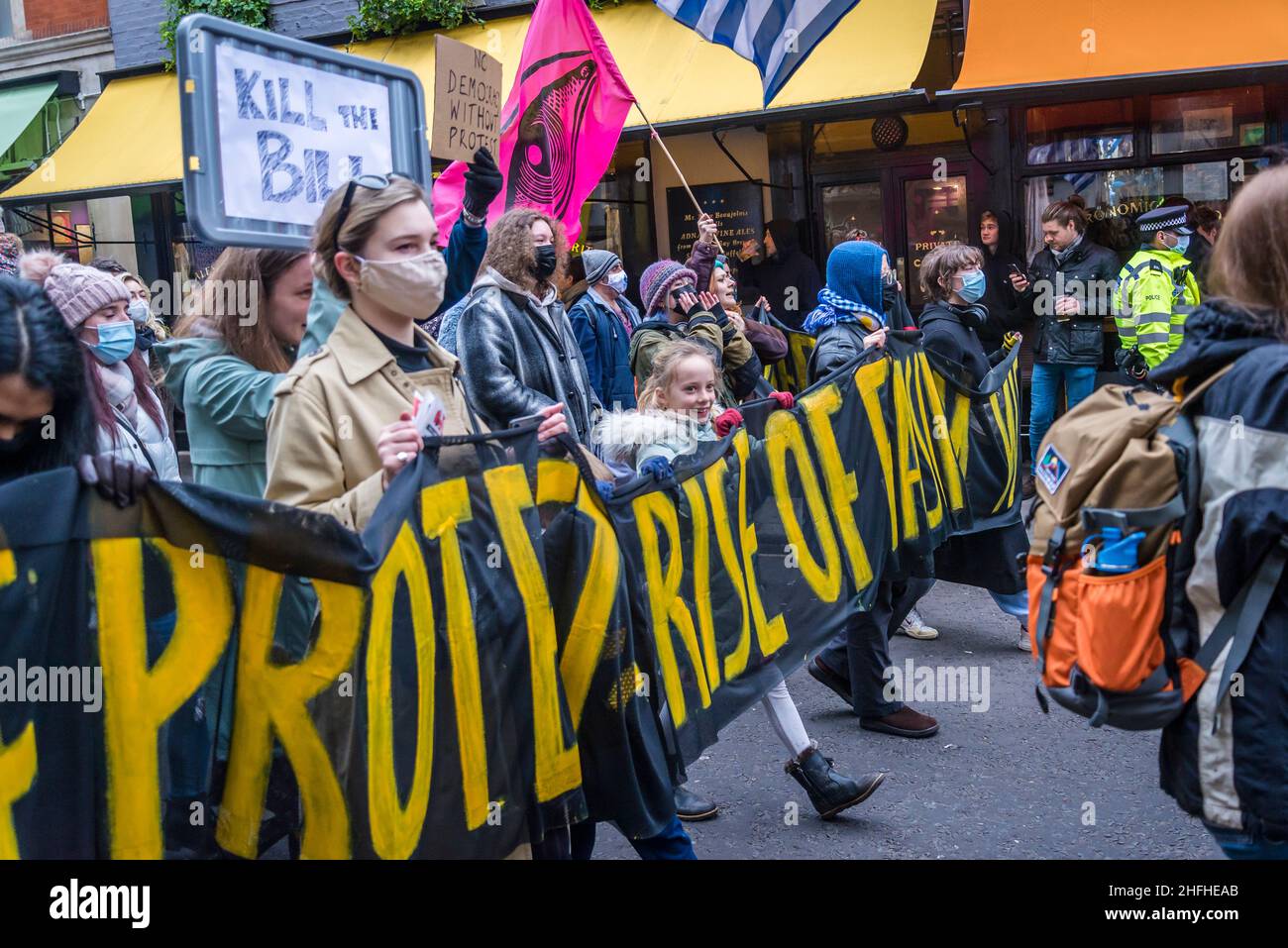 Manifestazione "uccidere il Bill” nel centro di Londra prima di un voto alla Camera dei Lord. Il disegno di legge sulla polizia, il crimine, le condanne e i tribunali minaccia il diritto di protestare. Londra, Inghilterra, Regno Unito 15.01.2022 Foto Stock
