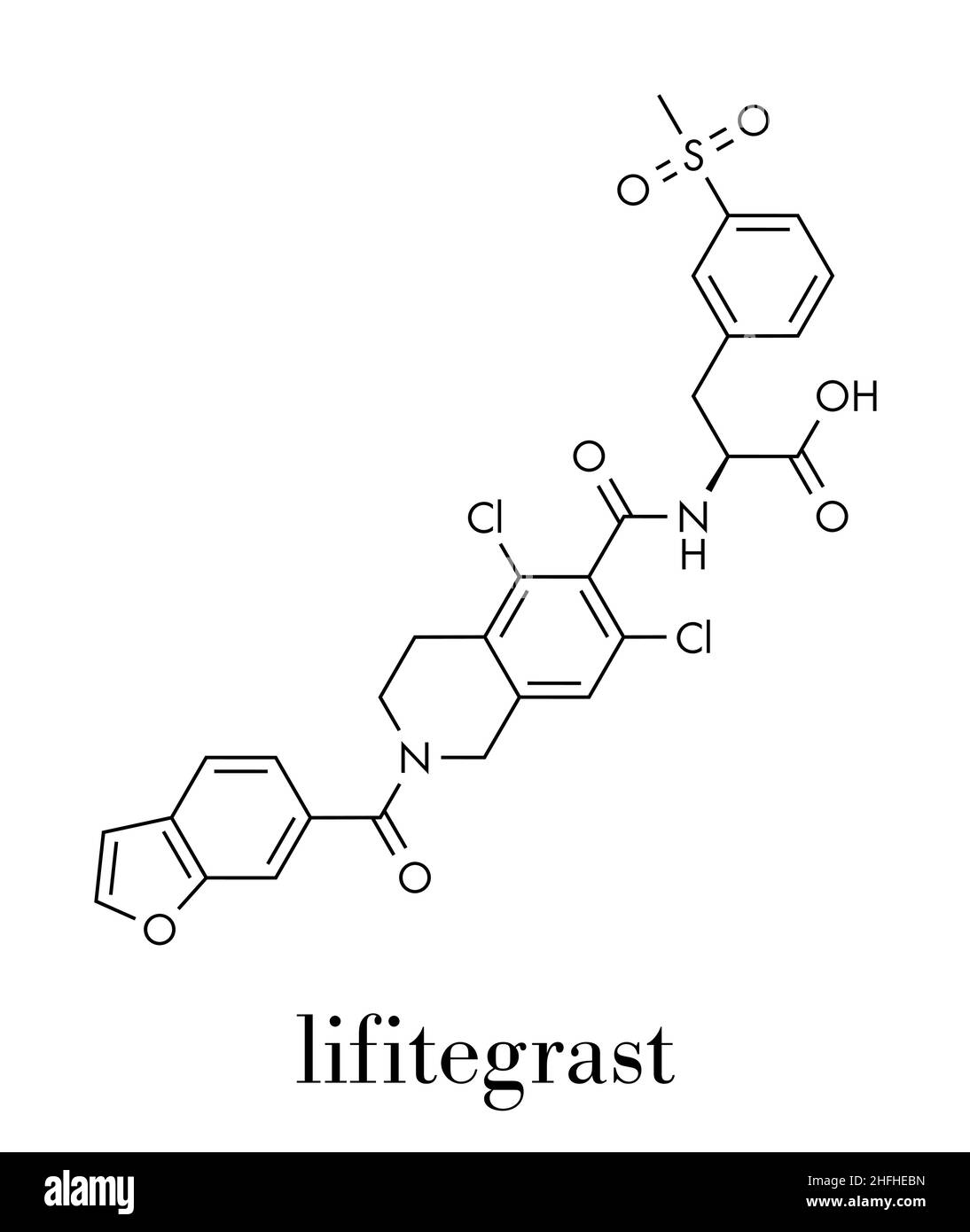 Lifitegrast molecola di farmaco. Utilizzato nel trattamento della keratoconjunctivitis sicca. Formula di scheletro. Illustrazione Vettoriale