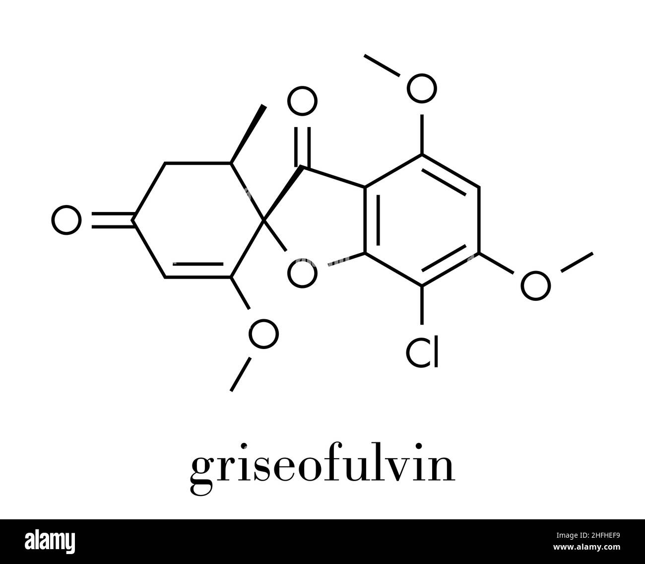 Molecola di farmaco antimicotico di Griseofulvin. Usato per trattare le infezioni fungine della pelle e delle unghie. Formula scheletrica. Illustrazione Vettoriale