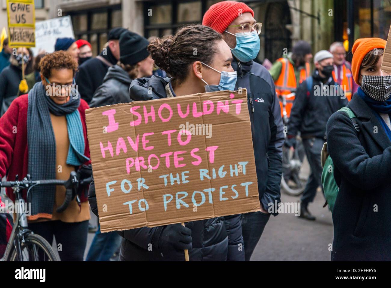 Manifestazione "uccidere il Bill” nel centro di Londra prima di un voto alla Camera dei Lord. Il disegno di legge sulla polizia, il crimine, le condanne e i tribunali minaccia il diritto di protestare. Londra, Inghilterra, Regno Unito 15.01.2022 Foto Stock