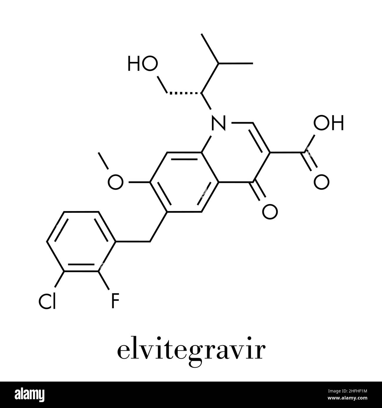 Elvitegravir HIV farmaco di trattamento (l'integrasi inibitore molecola). Formula di scheletro. Illustrazione Vettoriale