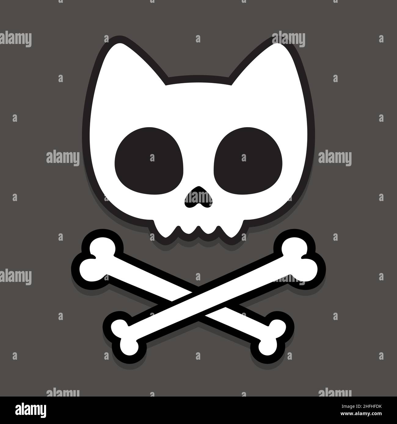 Carino cranio e crossbones del gatto dei cartoni animati. Semplice segno Kawaii Jolly Roger disegnato a mano, illustrazione vettoriale su sfondo scuro. Illustrazione Vettoriale