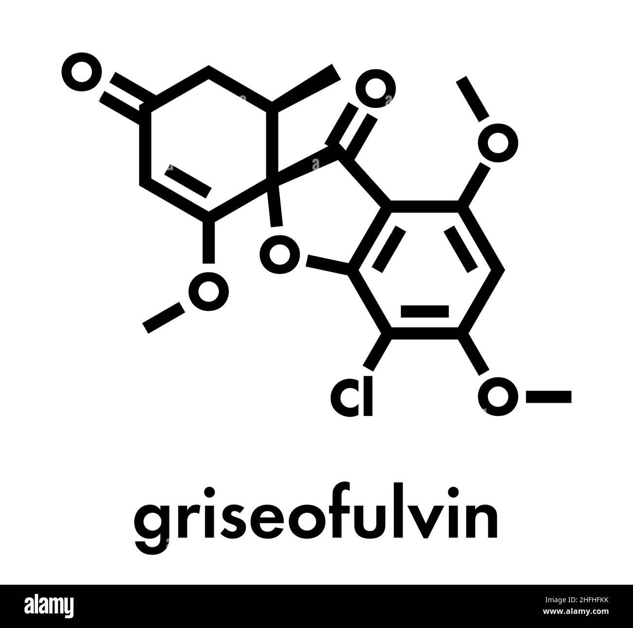 Molecola di farmaco antimicotico di Griseofulvin. Usato per trattare le infezioni fungine della pelle e delle unghie. Formula scheletrica. Illustrazione Vettoriale