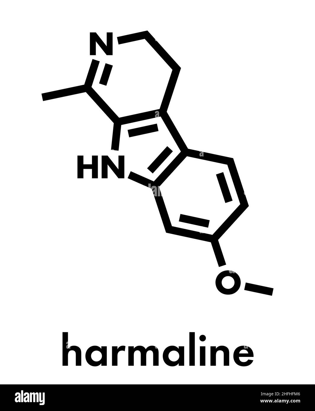 Armalina alcaloide indolico molecola. Trovato in siriano rue (Peganum harmala). Formula di scheletro. Illustrazione Vettoriale
